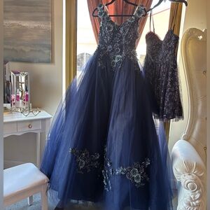 Elegant Navy Blue Gown with Floral Details- perfect for sweet 16